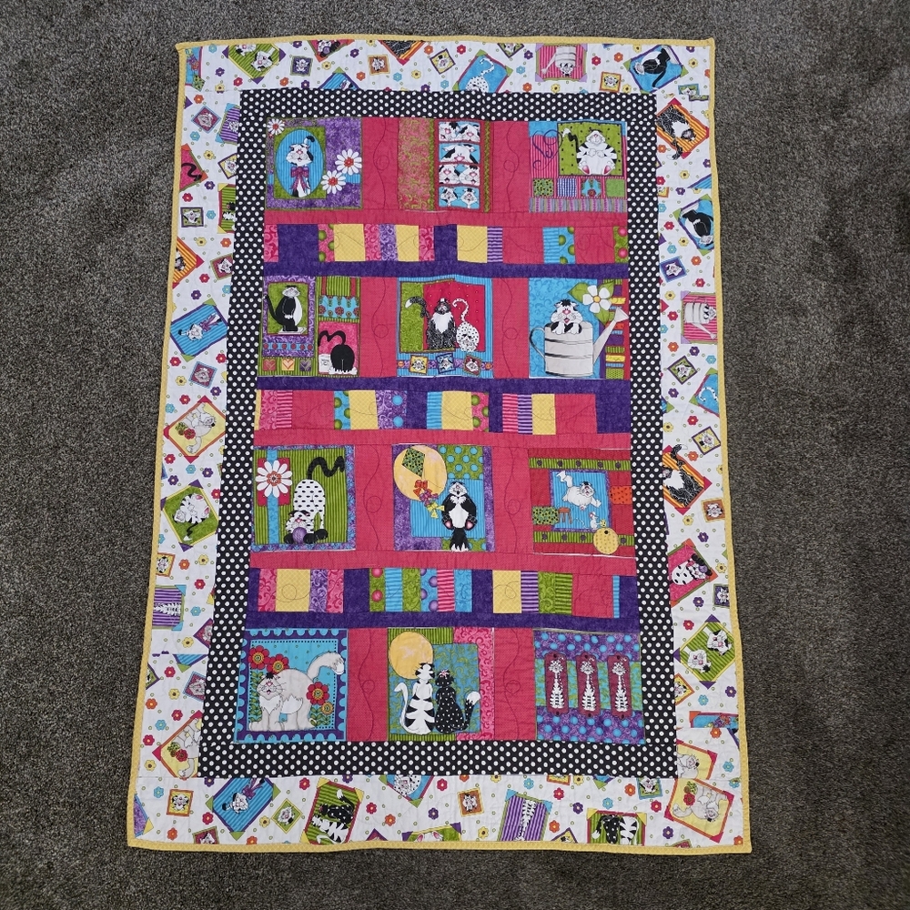 Handmade Sue Marsh‎ Caterwauling Tales Cat Baby Toddler Quilt Wall Hanging 48x34